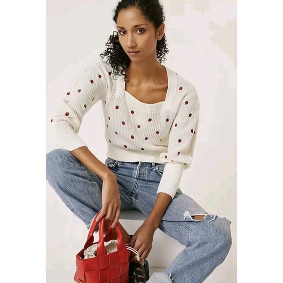 Maeve Anthropologie Strawberry Embroidered Sweater Square neck Size Small - Picture 1 of 10